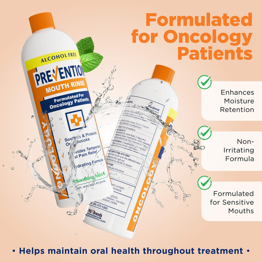 PHS Brands Prevention Oncology Mouthwash label closeup highlights fluoride-free, color-free soothing ingredients