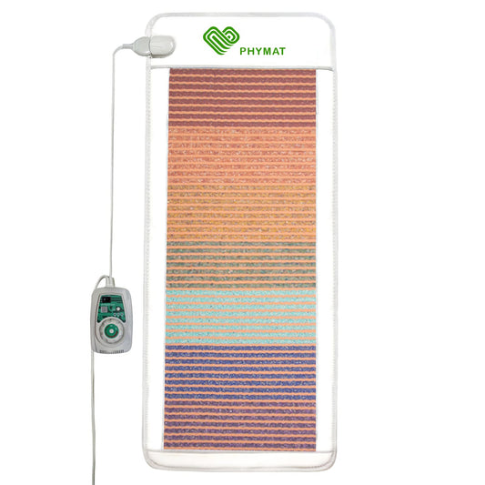 PHYMAT far infrared heating pad shown on a bed for full-body warmth