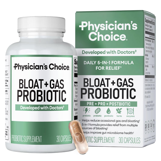 Physician's CHOICE bottle shows a 5-in-1 probiotic blend for daily gut support.