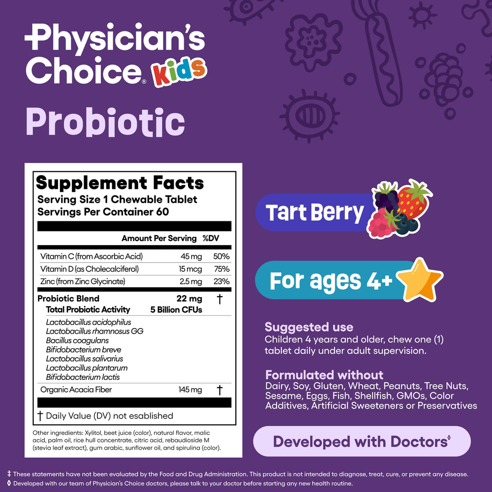 Physician's CHOICE Kids probiotic ingredients chart showcasing organic prebiotics and vitamins