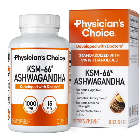 Physician's CHOICE KSM-66 Ashwagandha bottle front label highlights organic root extract for stress support.