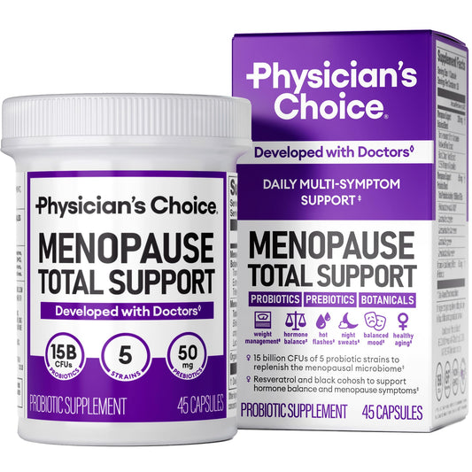 Physician's CHOICE menopause probiotic bottle label promoting 3-in-1 balance.