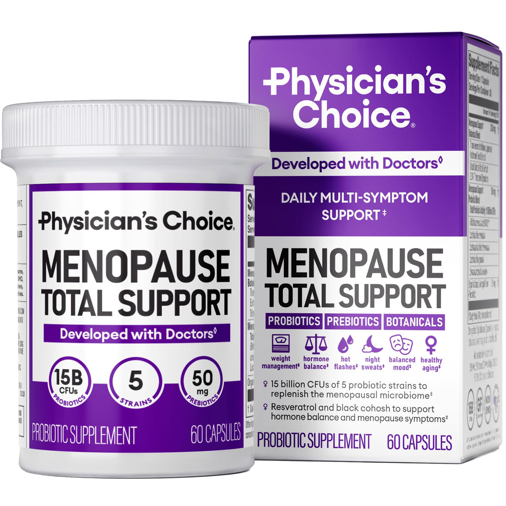 Physician's CHOICE Menopause Probiotic bottle supports balance and menopausal comfort.