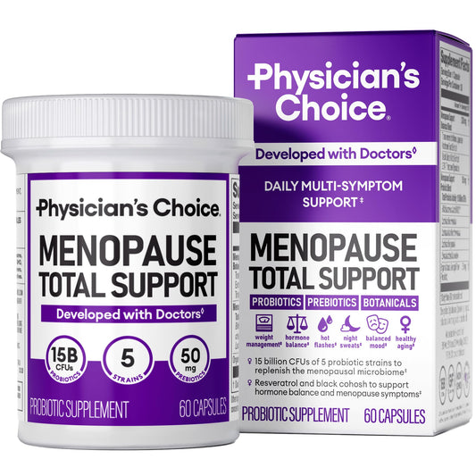Physician's CHOICE Menopause Probiotic bottle supports balance and menopausal comfort.
