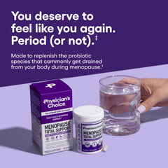 Physician's CHOICE menopause probiotic label highlights ingredients and benefits.
