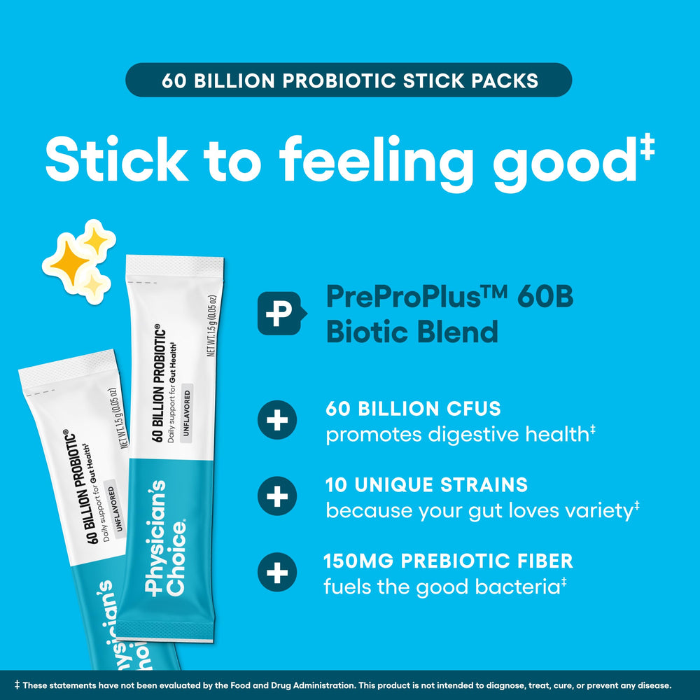 Physician's CHOICE travel-friendly probiotic packets ready to mix on the go