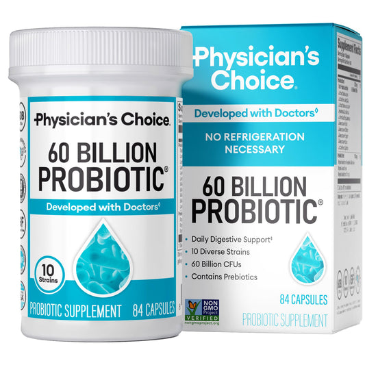 Physician's CHOICE Probiotics bottle showing 60B CFU for gut support