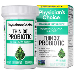 Physician's CHOICE Probiotics bottle front shows the weight management formula supporting gut balance.