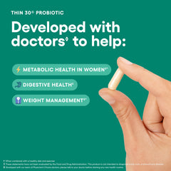 Physician's CHOICE Probiotics label view emphasizes Cayenne (Capsimax) for potential weight management support.