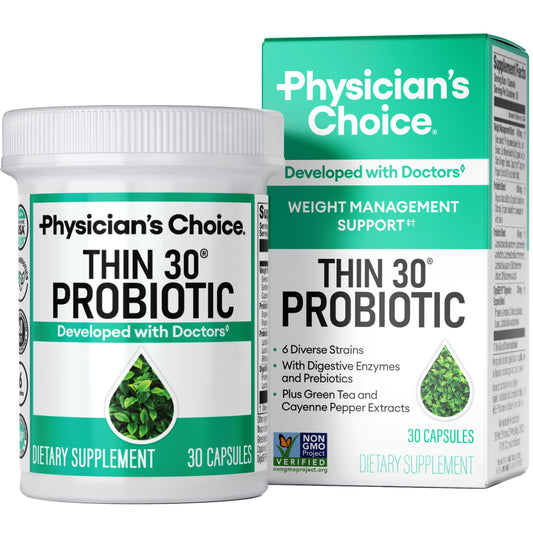 Physician's CHOICE probiotics bottle showing weight management support and gut health benefits.