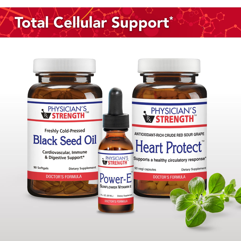 Physician's Strength bottle on kitchen counter with fresh-pressed oil information for everyday wellness.