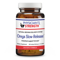 Physician's Strength Orega Slow-Release bottle with easy-to-swallow capsules for intestinal support.