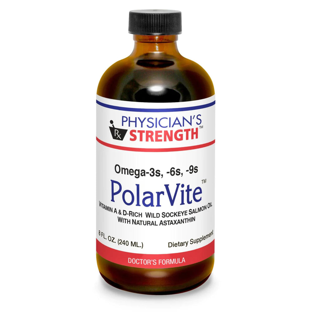 Physician's Strength PolarVite bottle front, ideal for daily omega-3 and vitamin intake.