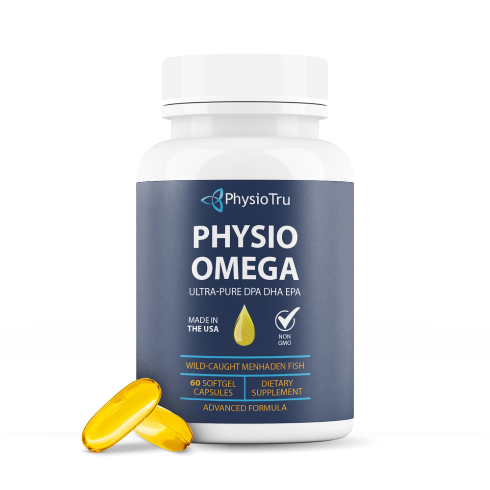 PhysioTru Physio Omega bottle close-up showing easy-to-swallow softgels.