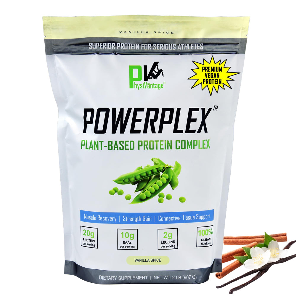 PhysiVantage POWERPLEX vanilla tub front highlighting vegan protein for post-workout recovery