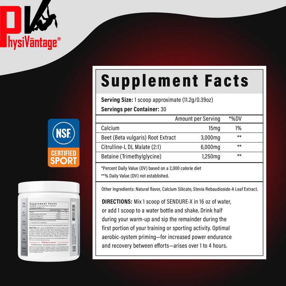 PhysiVantage Sendure-X Wild Berry powder poured into water for a smooth energy boost.