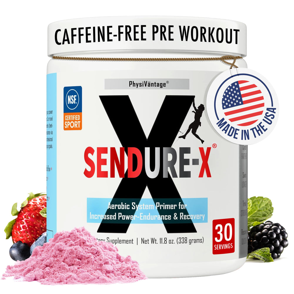PhysiVantage Sendure-X Wild Berry tub, caffeine-free pre-workout for clean energy.