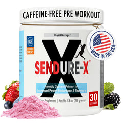 PhysiVantage Sendure-X Wild Berry tub, caffeine-free pre-workout for clean energy.