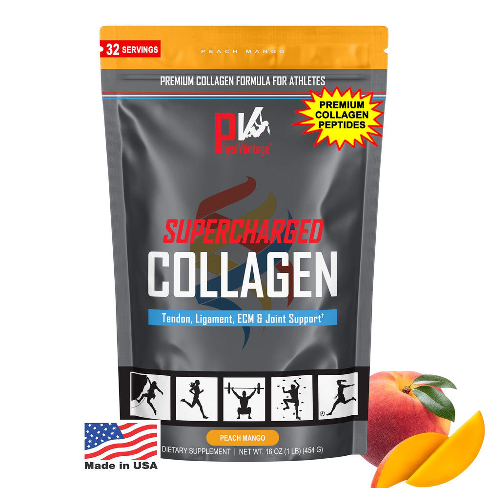 Physiovantage supercharged collagen powder pouch ready for travel and daily use, highlighting convenient packaging.