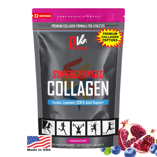 PhysiVantage Supercharged Collagen bottle front showing grass-fed, complete protein benefits.