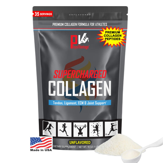 PhysiVantage Supercharged Collagen bottle highlighting grass-fed formula for joints