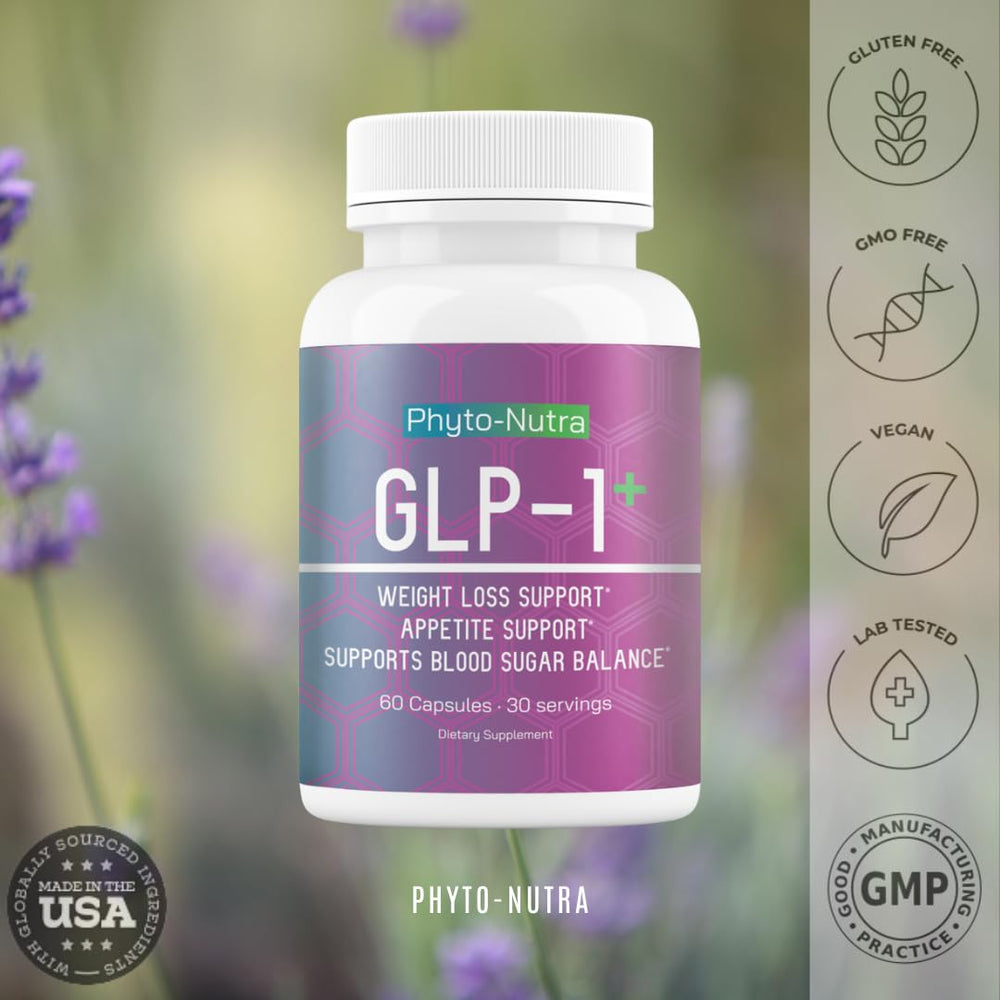 Phyto-Nutra GLP-1 capsules on white background, easy daily use