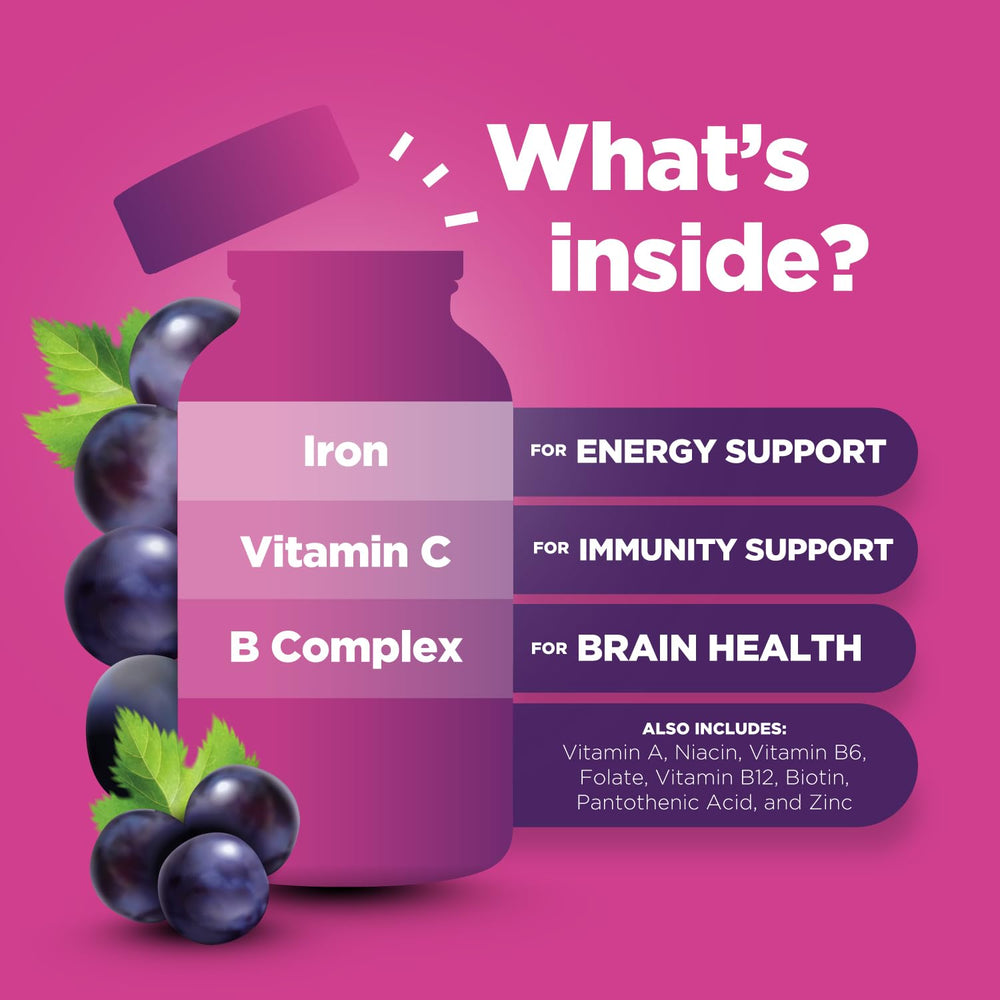 Bright packaging design of Phytoral Iron Gummies for Kids.