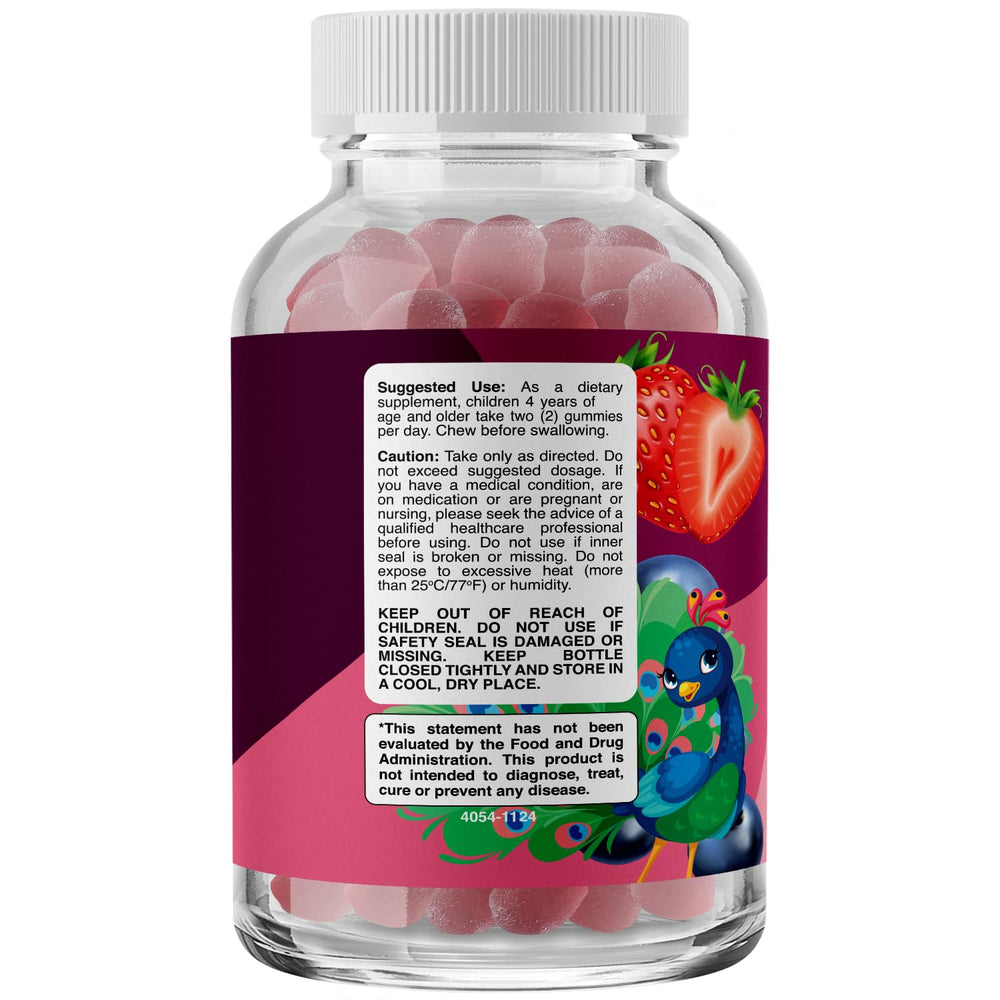 Phytoral Vegan Kids Focus Gummies bottle back highlights brain-boosting ingredients for balance.