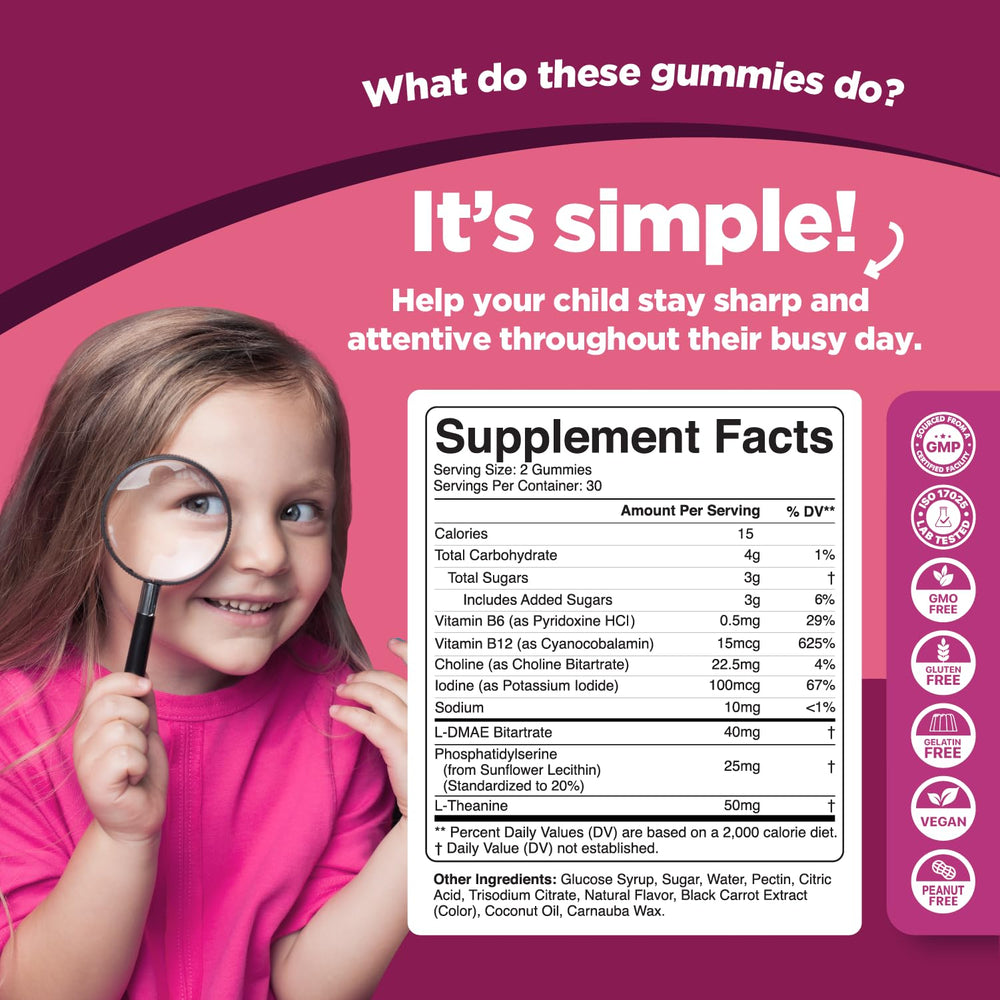 Phytoral Vegan Kids Focus Gummies jar closeup emphasizes non-GMO and gluten-free formulation.