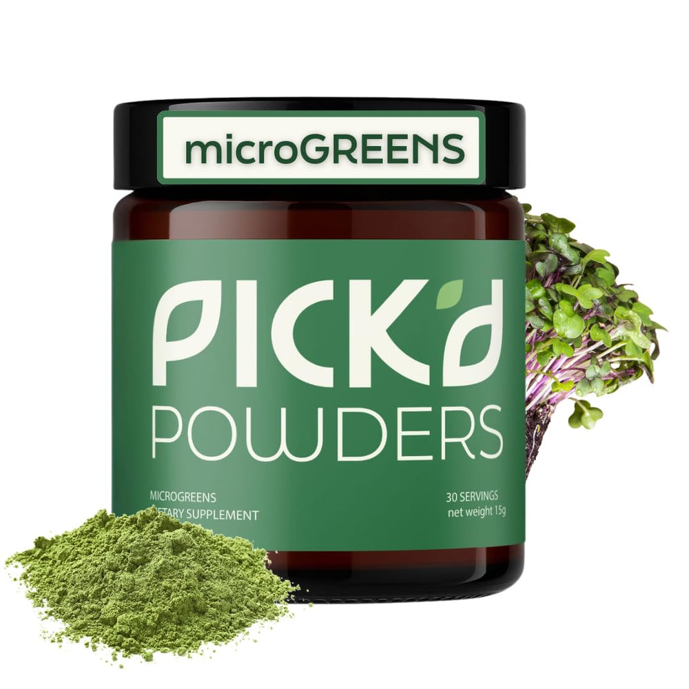 PICK'D POWDERS Microgreens Powder bottle showing organic greens blend for daily energy and immunity