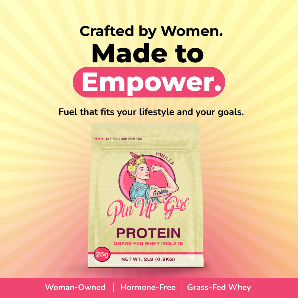 Pin Up Girl whey protein scoop emphasizes convenient protein per serving