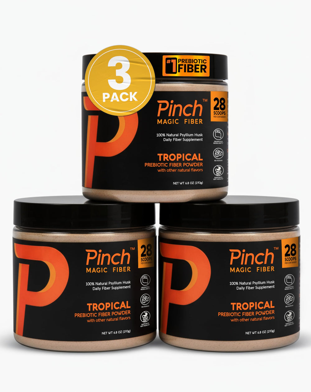 Front view of Pinch Magic Fiber Tropical 3-Pack packaging for daily digestion support.
