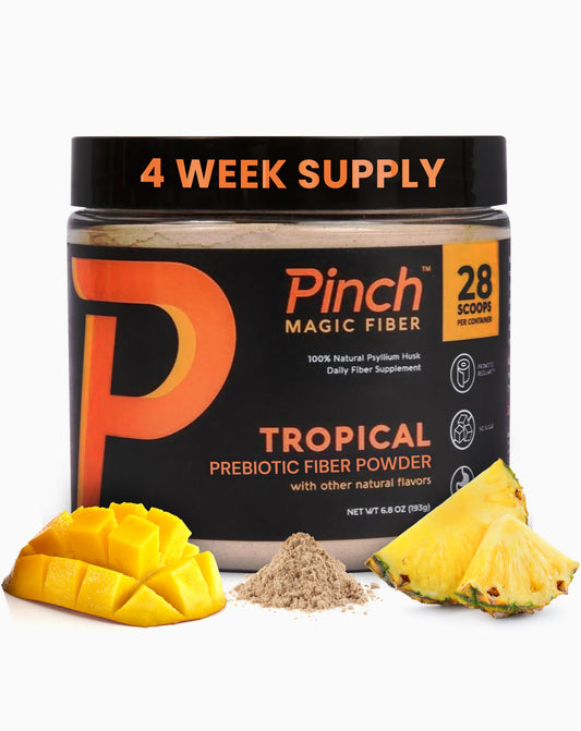 Pinch Magic Sugar Free Fiber Powder tub front with tropical flavor packaging for daily fiber support