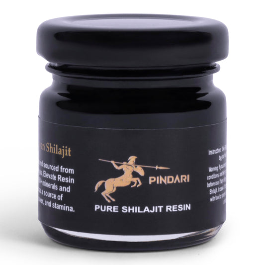 Pindari Shilajit resin bottle showing pure 500 mg potency for daily vitality.
