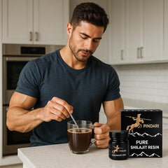 Pindari Shilajit resin dosage spoon shot conveys measured servings.