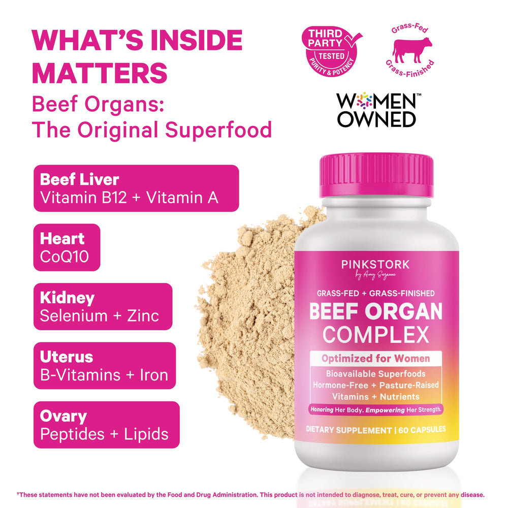 Pink Stork capsules close-up showing grass-fed beef liver ingredients for vitality.