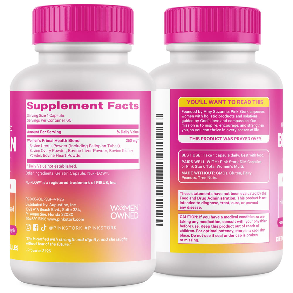 Clean Pink Stork packaging design indicating hormone-focused wellness.