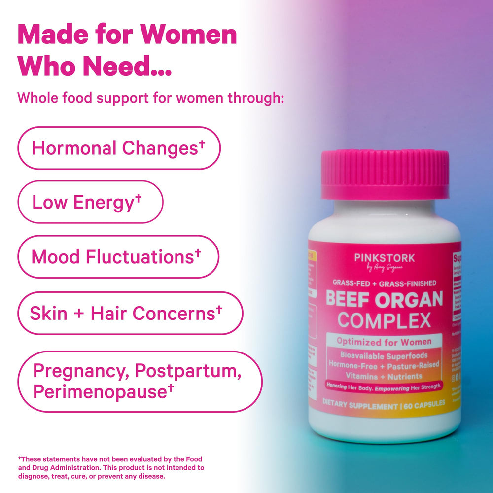 Pink Stork Beef Organ Supplement label highlights iron and B vitamins for vitality.
