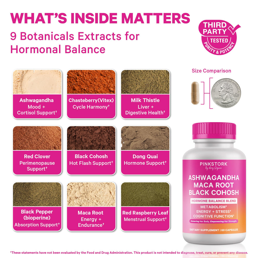 Pink Stork Black Cohosh bottle supports mood balance during hormonal changes