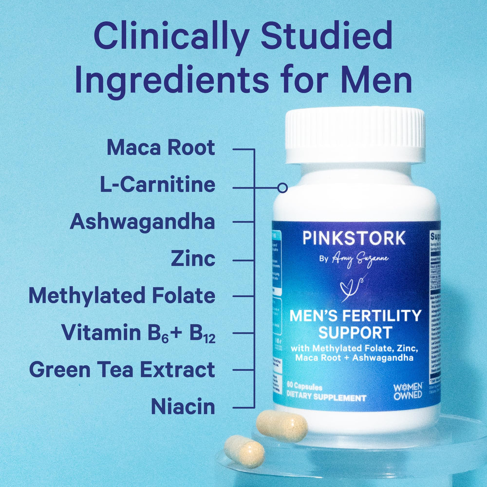 Pink Stork BlueStork capsules close-up for daily fertility support.