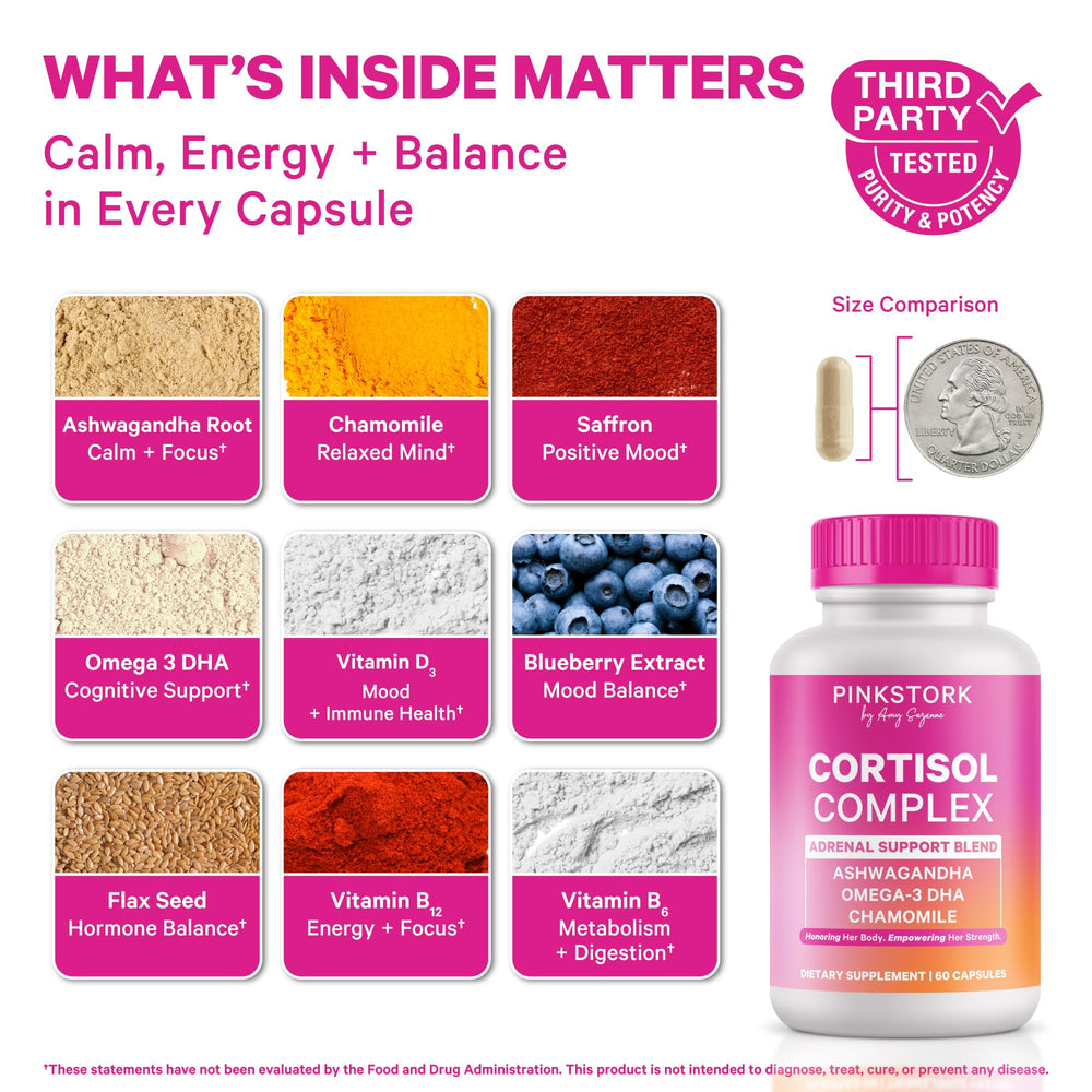 Pink Stork Cortisol bottle back with ingredients and directions for use.
