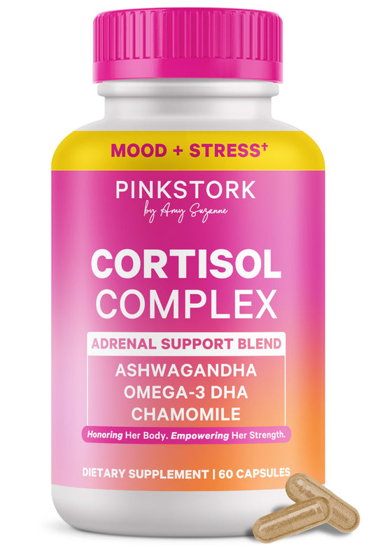 Pink Stork Cortisol bottle front view for daily stress support and routine.