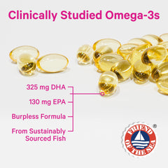 Pink Stork DHA + EPA prenatal packaging close-up showing sustainably sourced fish oil.
