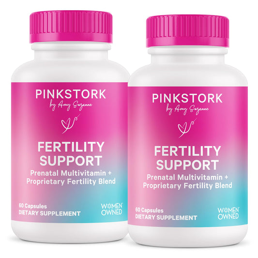 Pink Stork Fertility Support bottle with capsules for daily conception-friendly nutrition