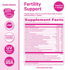 Pink Stork Fertility Support packaging highlights vegan, gluten-free, dairy-free formula