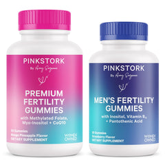 Pink Stork His and Hers Gummies bundle packaging showing dual support for couples