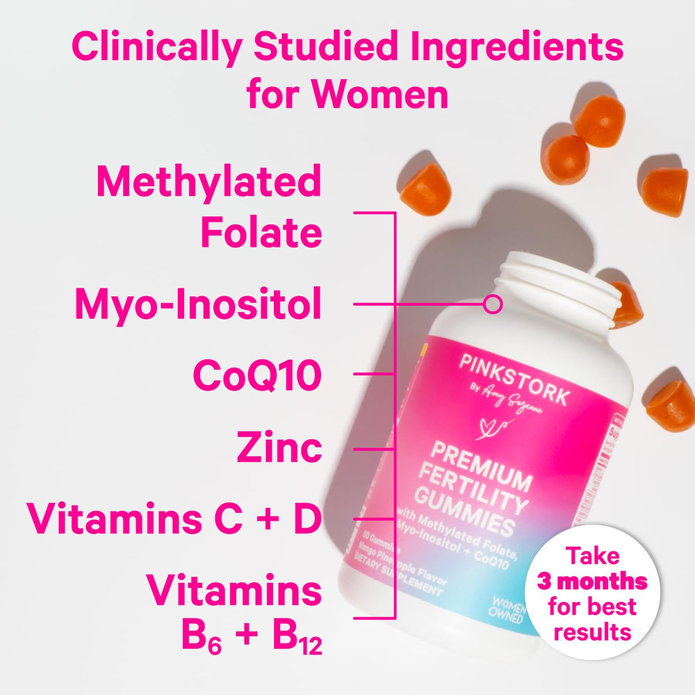 Pink Stork women’s fertility gummies bottle highlights hormone balance and ovarian health