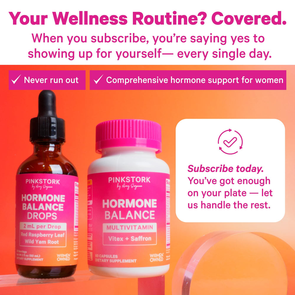 Pink Stork Hormone Balance Drops full packaging reveals 2 oz, 30 servings