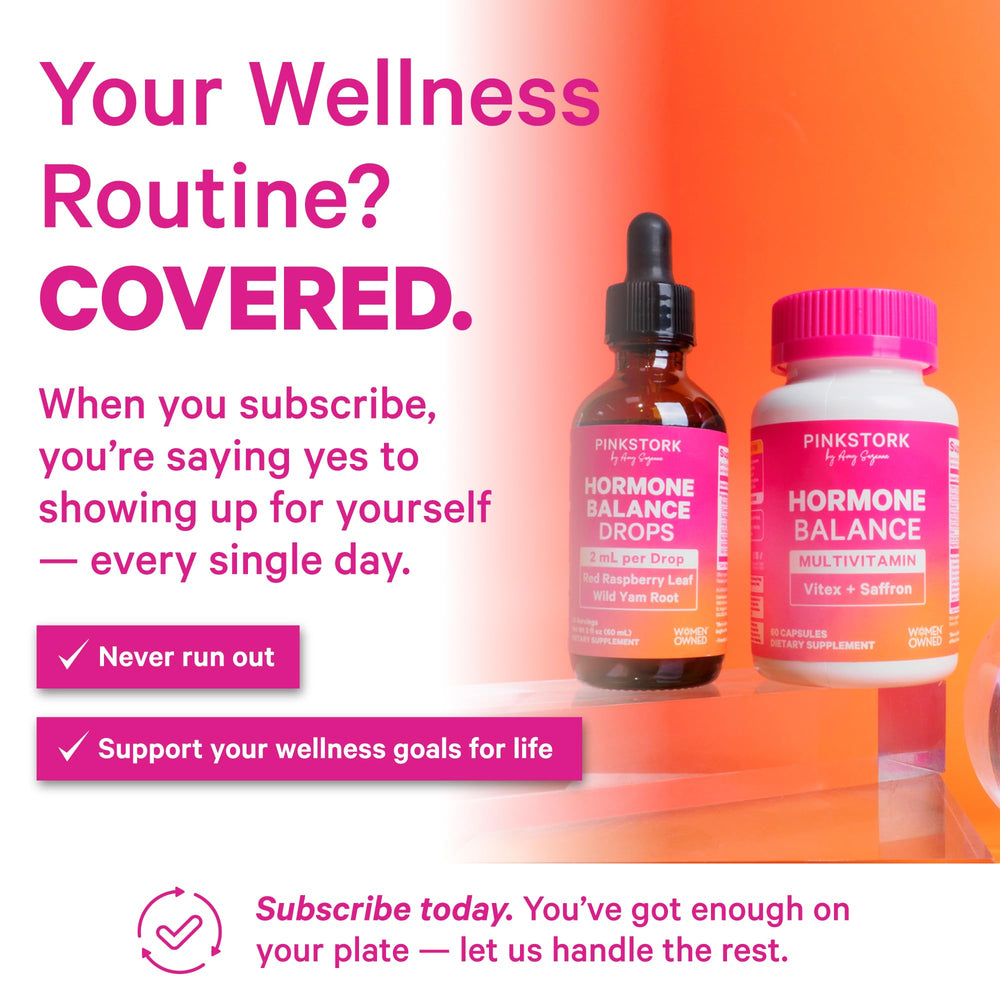 Pink Stork Hormone Balance label view highlights ingredients and daily value details.