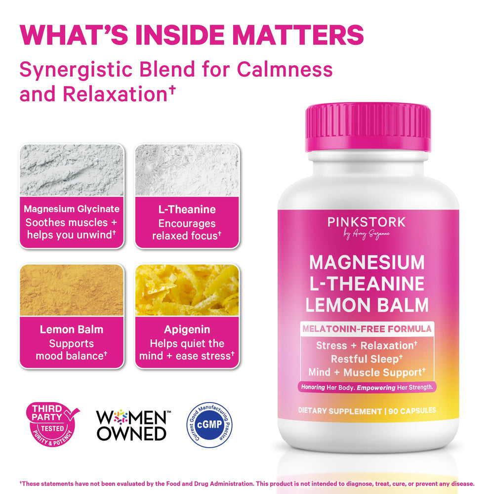 Pink Stork L-Theanine and Lemon Balm capsules for natural calm in the evening.